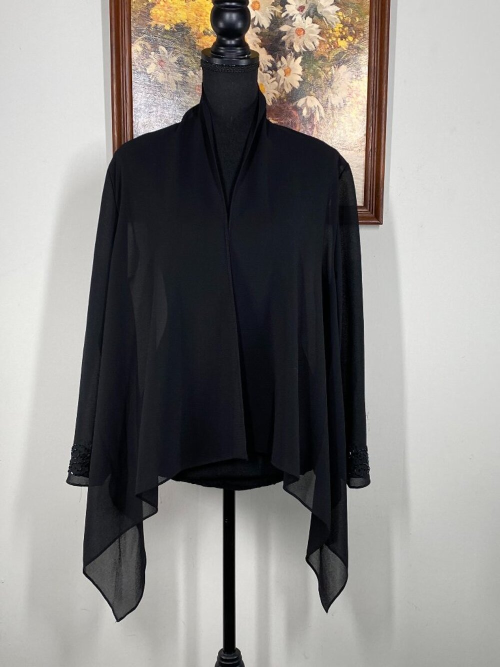 Vintage Coldwater Creek Open Front Chiffon Blouse Women's 12 Black Beaded USA